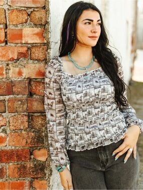 Final price $10 2fly western college Smocked Square-Neck Long-Sleeve Top in Gray